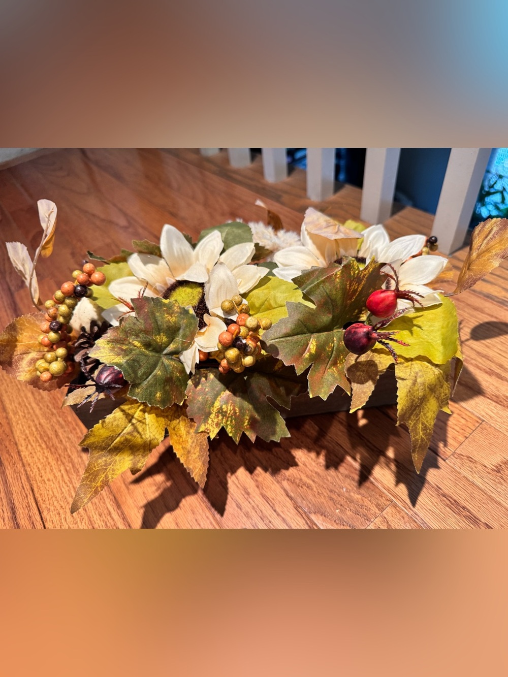 Fall floral table/mantle arrangement in wood box